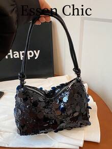 1 pieza Bolso de hombro con forma de media luna dorada de PVC con lentejuelas para mujer, lentejuelas - Negro - Ver 8