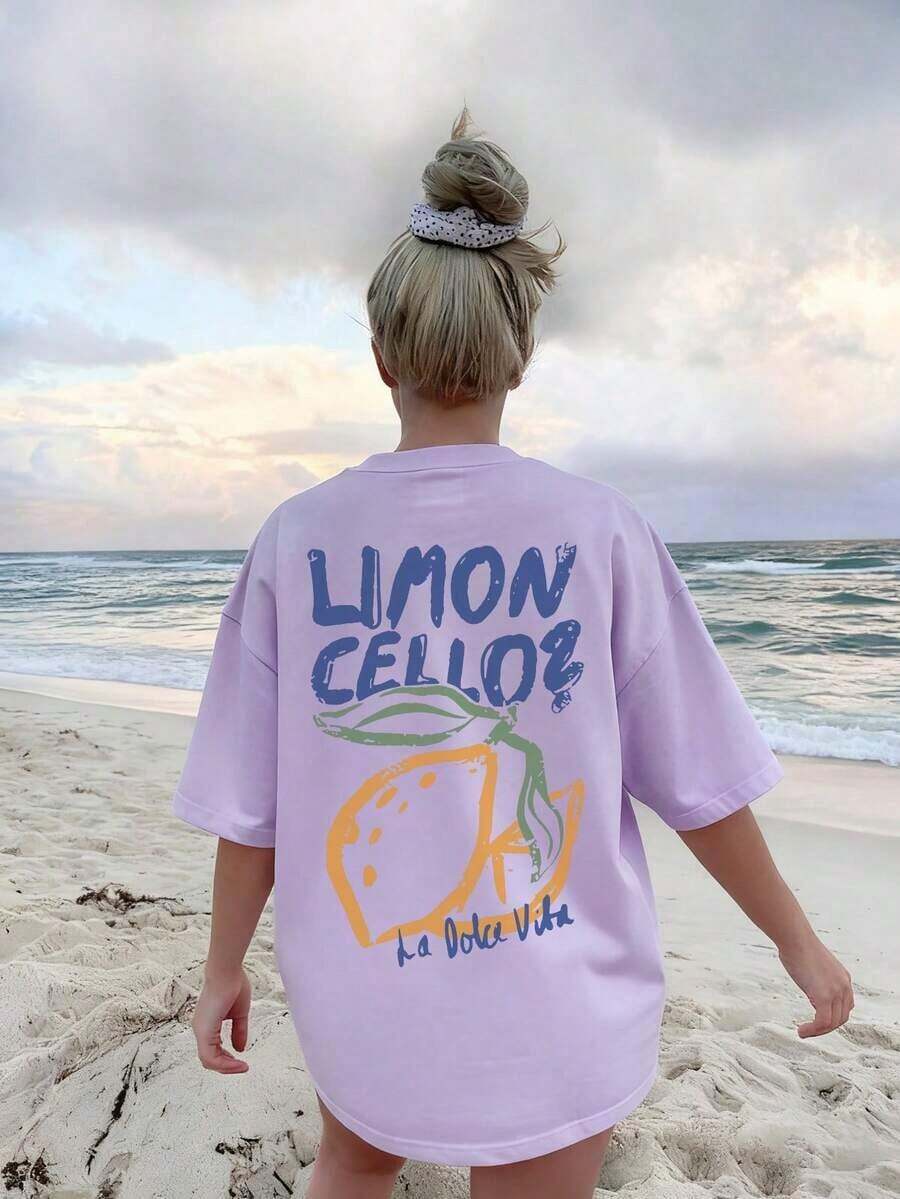 Women's Short-Sleeved T-Shirt With Round Neck And Lemon Print, Casual Holiday Style, Fashionable Summer T-Shirt, Everyday Wear, White Color. - 紫色 - 查看 1
