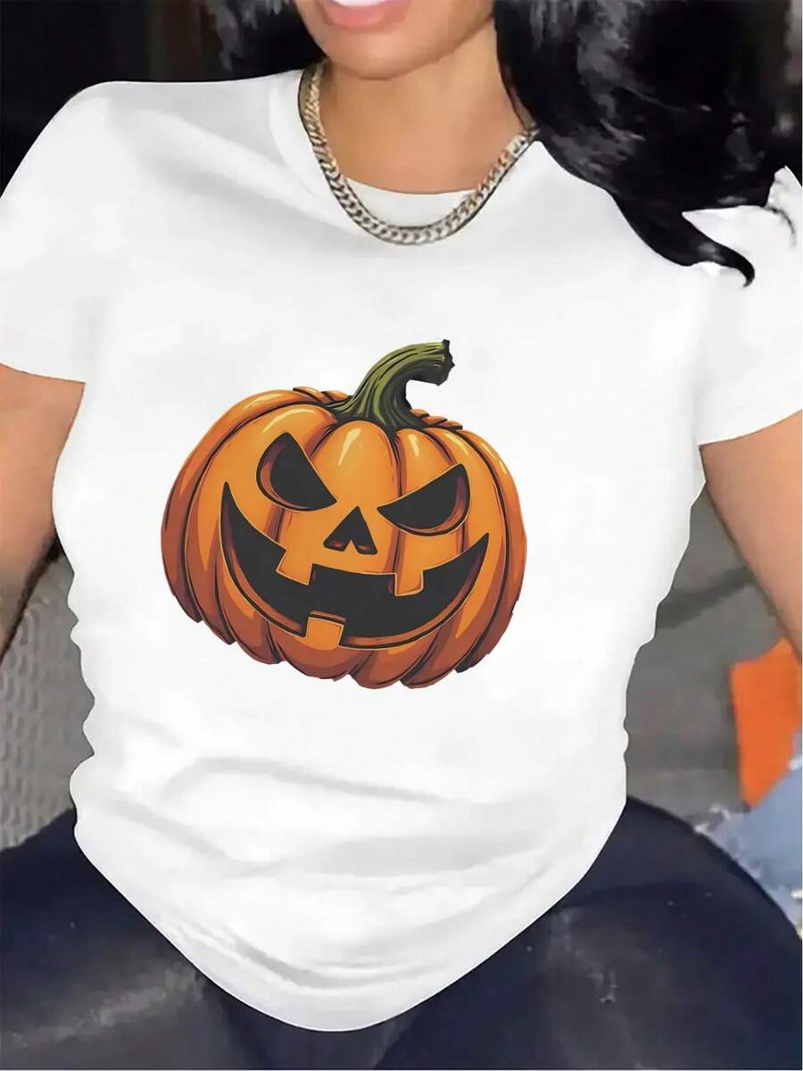 Camiseta de poliéster con diseño de calabaza para de Halloween, duradera y cómoda, para reuniones de interior, accesorio de disfraz festivo, tela ligera, perfecta para bares y restaurantes - Blanco - Ver 1