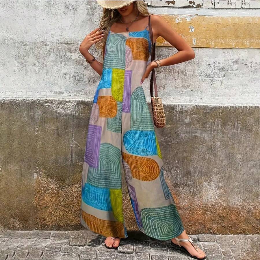 Mono sin mangas para mujer, verano 2026 – Estampado geométrico con bloques de color, tirantes finos, pantalón ancho, estilo informal para vacaciones - PRÉSTAMO - Ver 1