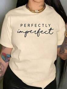 Women's Short-Sleeved T-Shirt With Round Neck And "Perfectly Imperfect" Letter Print, Cotton Blend, Casual Style, Summer Basic, Minimalist With White Lettering, Soft Graphic T-Shirt For Everyday Street And Office Wear. - 杏色 - 查看 12