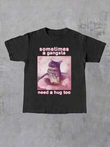 "Även gangsters behöver ibland en kram" - Rolig kattgrafik dam-t-shirt med rund hals - Svart - Visa 1