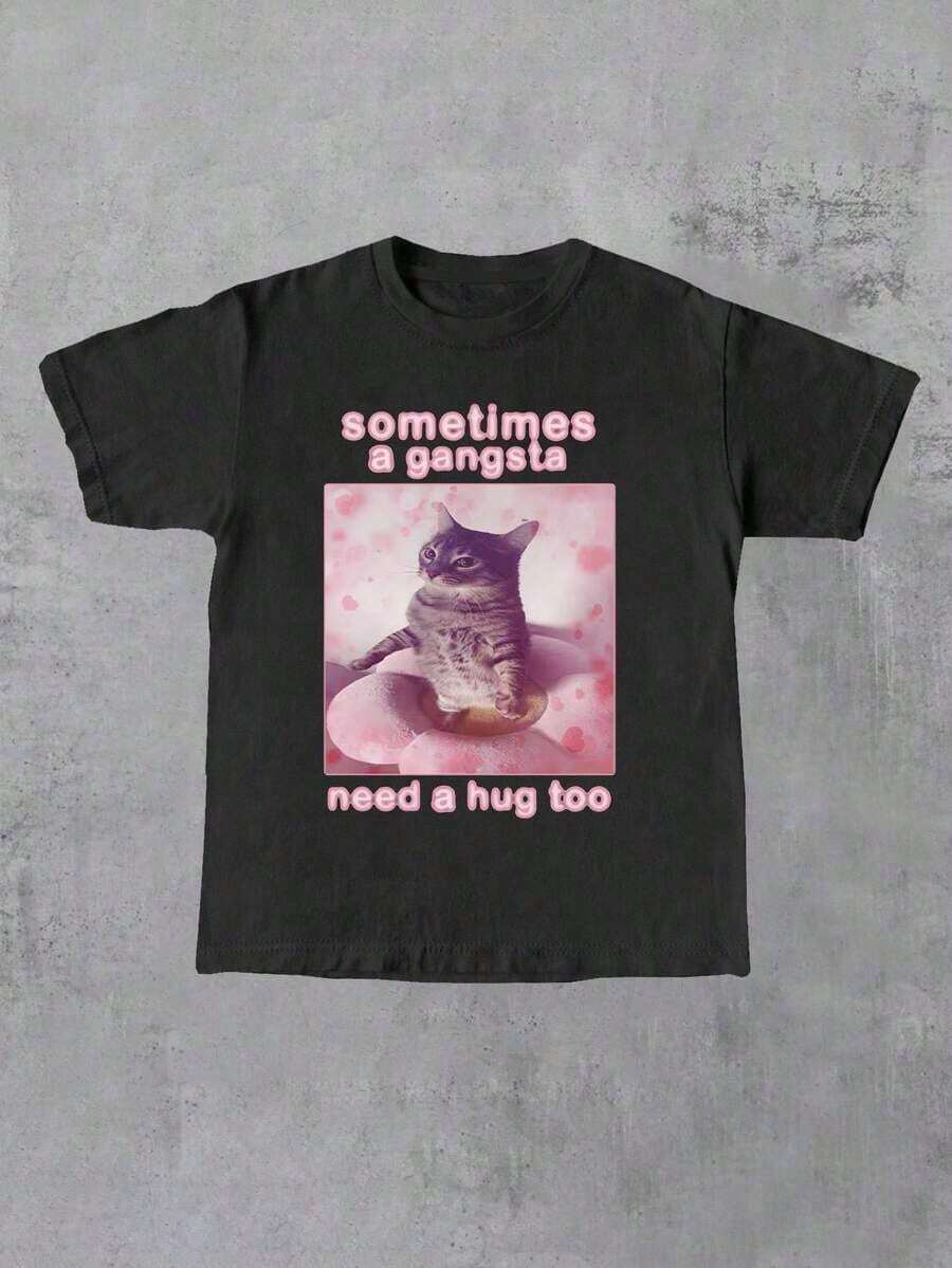 "Även gangsters behöver ibland en kram" - Rolig kattgrafik dam-t-shirt med rund hals - Svart - Visa 1