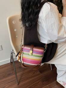 Retro Fashion Large Capacity Woven Tote Bag, Beach Vacation Straw Shoulder & Crossbody Bag - Multicolor - View 6