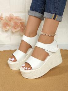 女士厚底坡跟凉鞋，新款夏季坡跟罗马凉鞋 - 白色 - 查看 2