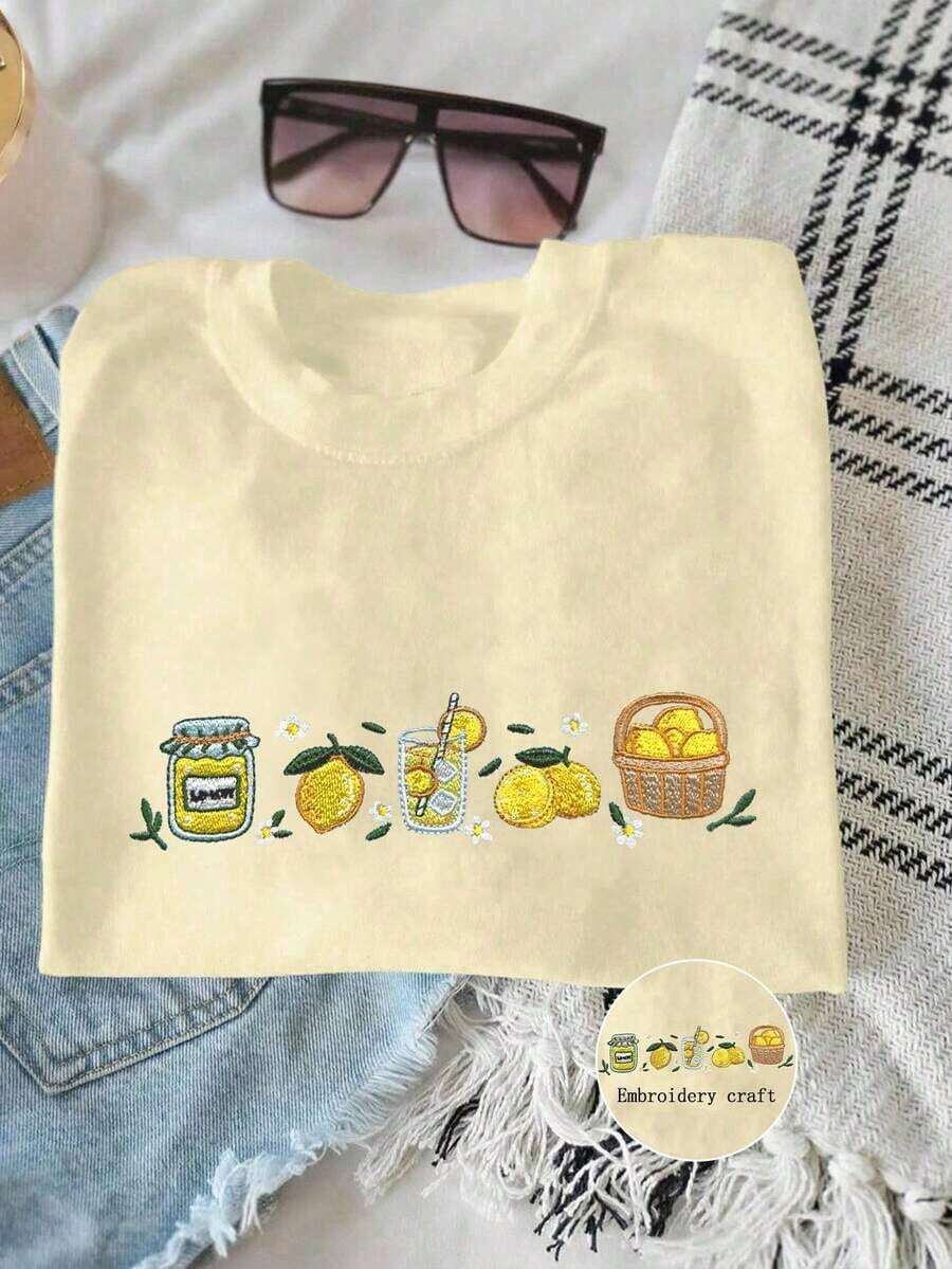 Summer T-Shirt With Embroidered Lemon Print, Gift T-Shirt For Food Lovers, Lovely Gift For Her, Fruit Blouse For Women, Embroidered Summer Style T-Shirt For Ladies - Unisex Loose Cotton Short-Sleeved Crew Neck Urban Vintage Style T-Shirt. Blouses For Women. Blouses. Casual Blouses For Ladies. - 杏色 - 查看 1