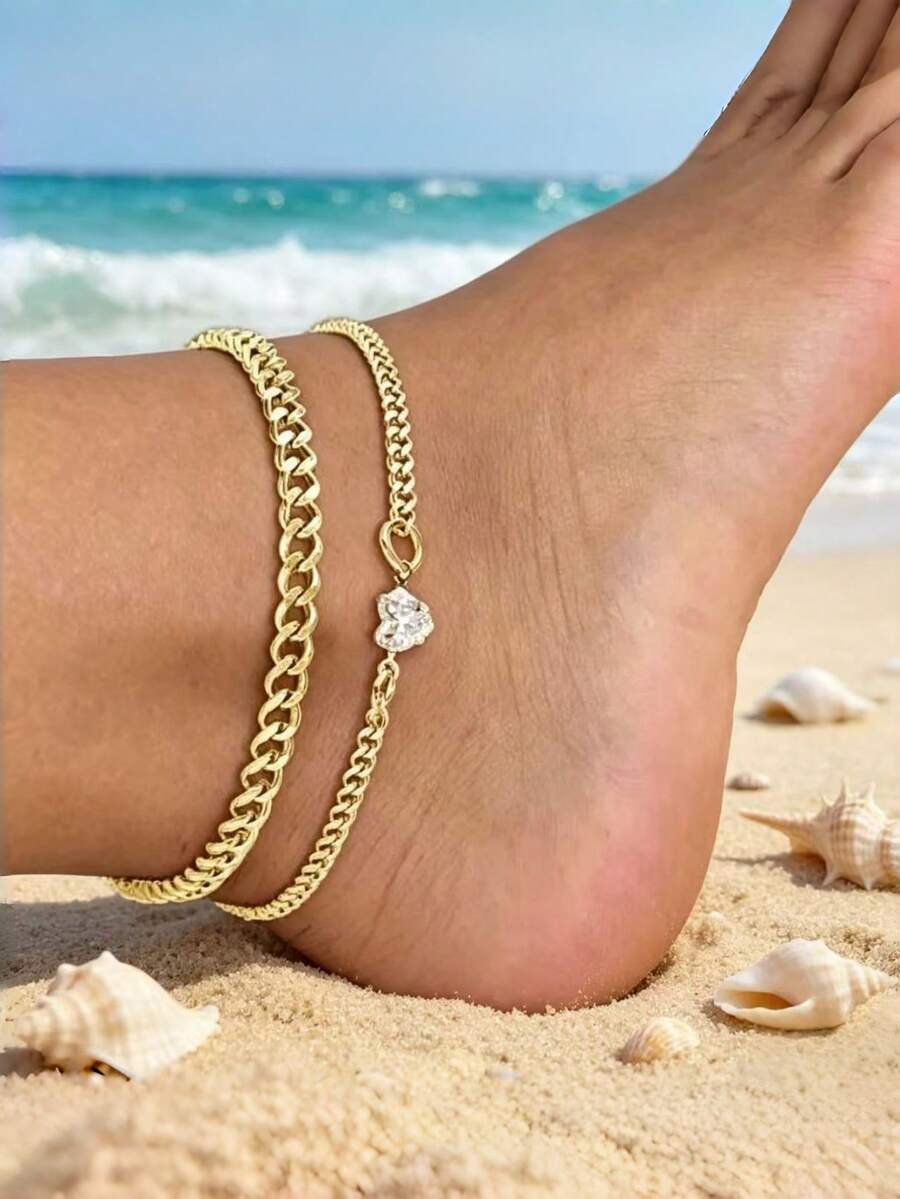 Bộ 2 chiếc vòng chân đơn giản hình trái tim bằng thép không gỉ đính đá, thích hợp làm quà tặng hẹn hò, du lịch hoặc đeo hàng ngày cho nữ. - Vàng - Xem 1