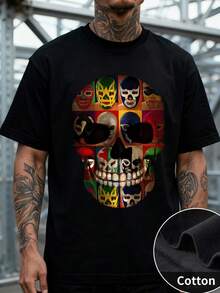 Alternative Style Men's Short Sleeve T-Shirt With Skull Print Formed By Multiple Colorful Lucha Libre Masks, Creative And Vibrant Design, Loose Fit, Ideal For Urban Art And Mexican Culture Lovers, 220 G 100% Cotton, Soft, Breathable And Long-Lasting, Artistic - 黑色 - 查看 2