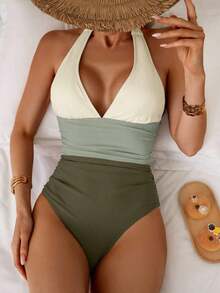 Traje de baño de una pieza con control de abdomen, estilo minimalista de unicolor, con escote halter y espalda descubierta, para vacaciones de verano en la playa - Multicolor 5 - Ver 5