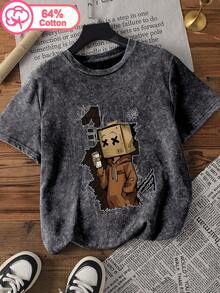 Plus-Size Women's Cotton Casual Retro Acid Wash Crew Neck Short-Sleeve T-Shirt, Summer Versatile Style, Printed With Anime Character Pattern. Black - Black - View 1