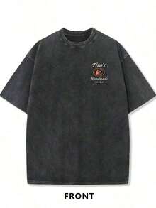1pc Valentine's Day, Tito's Handmade Vodka Print Washed Oversized  Tee, Retro, Casual, Suitable For Date Night Women Outfit, Going Out Tops Women, Party Outfits,2026  Vintage Wash Unisex Tee,Men's T-Shirt,Women's T-Shirt,Outdoor Concert Tee - 黑色 - 查看 2