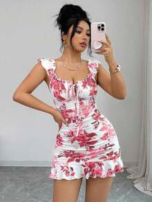 Vestido camisero con volantes en el bajo y hombros descubiertos, estilo vintage con estampado - Vestido entallado de línea A - Rosa - Ver 6