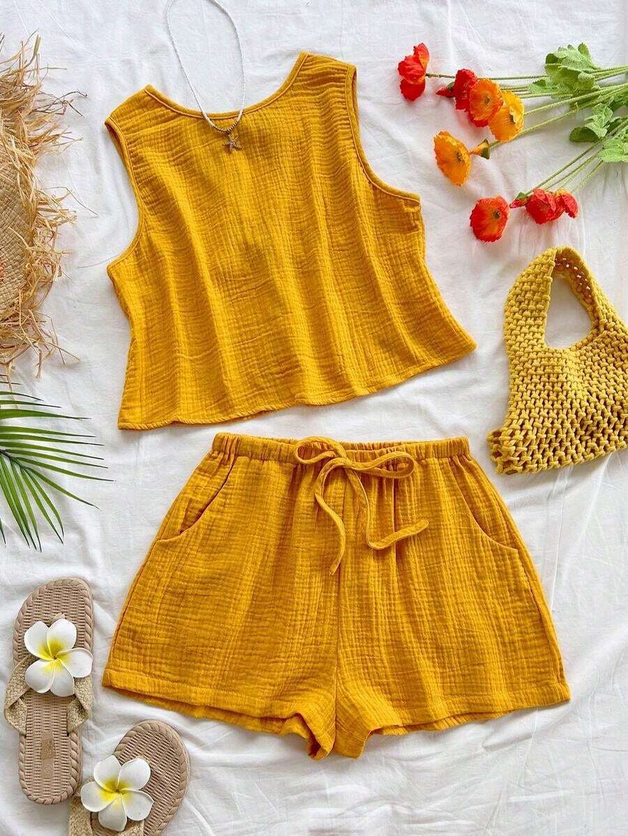 Top sin espalda con textura y lazo, holgado y casual para vacaciones, shorts casuales con elástico en la cintura y bolsillos, para playa y mar - Amarillo - Ver 1