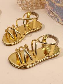 Children's Elastic Ankle Strap Flat Sandals, Open Toe Gladiator Style Summer Casual Sandals Suitable For Girls - Gold - View 1