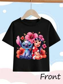 [Authorized]Stitch And Lilo Print Disney Girl's Summer Round Neck Casual T-Shirt, Slightly Stretchy Fabric,Suitable For Birthday Gifts,Ideal For Daily Activities,Sports, And Travel, Summer T-Shirts For Girls - 黑色 - 查看 2