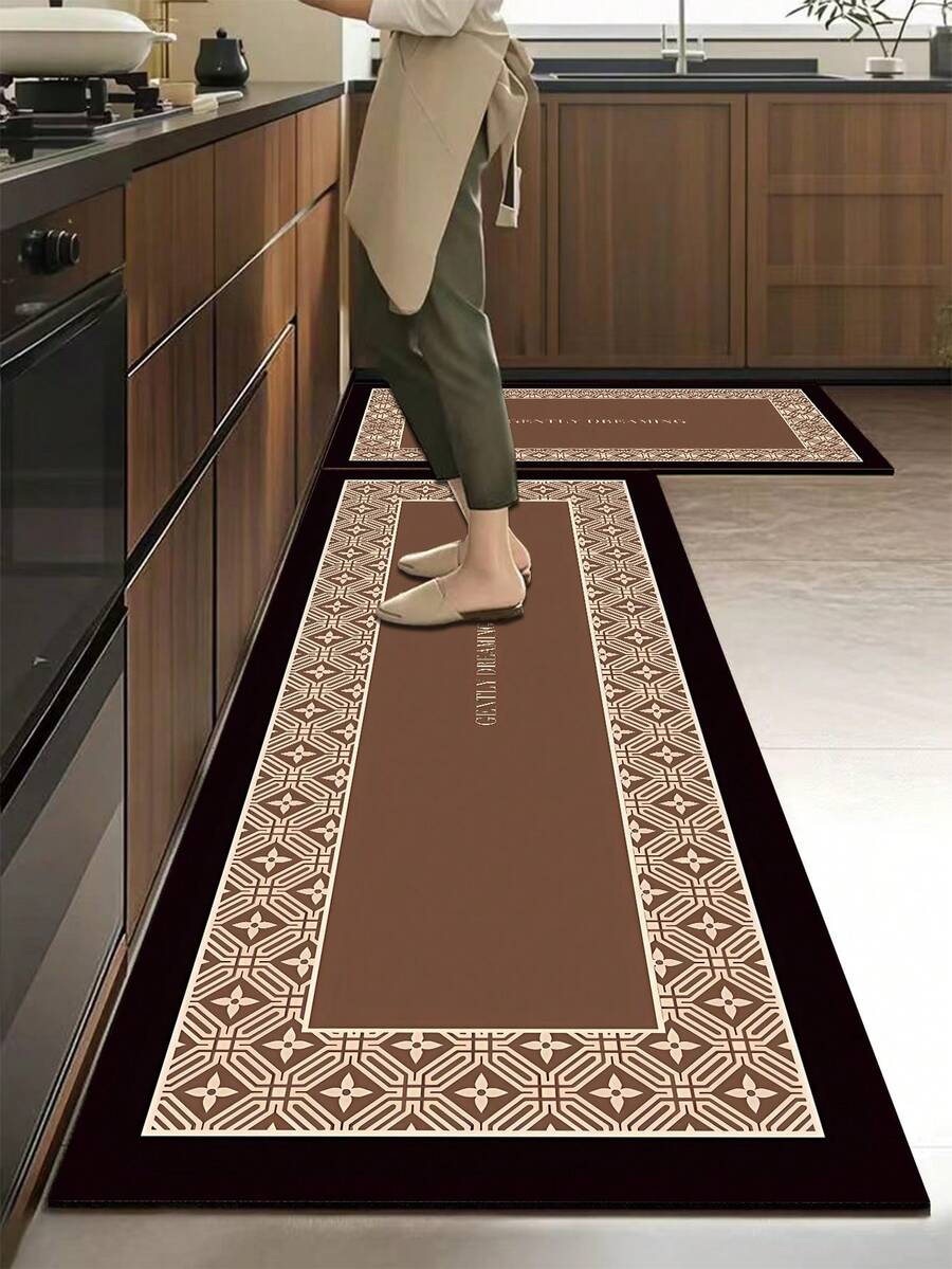 1pc Silica Gel Kitchen Mat, Deep Brown Base Color With Beige Vintage Geometric Border, Printed With "GENTLY DREAMING" In The Center, Presenting An Elegant And Luxurious Retro Style - Multicolor - View 1