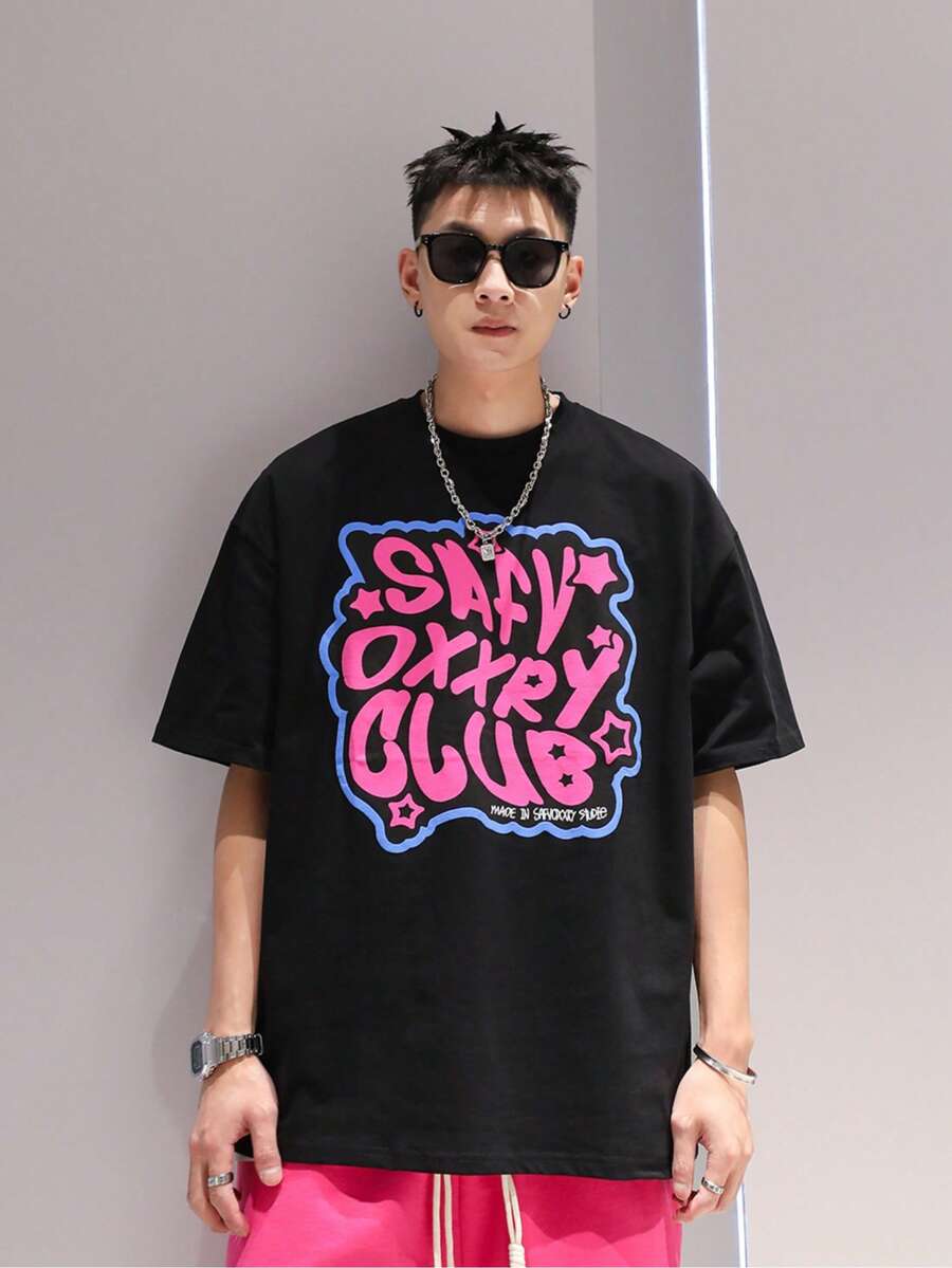 [Tiemu Premium Selection] 100% Cotton Printed T-Shirt, Ribbed Collar With Turn-Up, Durable Pure Cotton Short Sleeve T-Shirt, Chinese Style, Modern, Multicolor Letter Print, Summer, Versatile, Plus Size, Couple's. - 黑色 - 查看 1