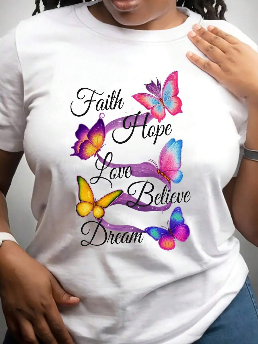 Plus Size - Women's T-Shirt With "Butterfly" Print | Casual Loose Fit, Short Sleeve, Round Neck, Medium Elasticity, Vivid Floral And Butterfly Pattern Design, Fashionable Spring Summer Autumn T-Shirt, Butterfly T-Shirt - 白色 - 查看 1