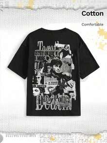 Bomulls-T-shirt med lös passform och tidningstryck - Svart - Visa 7