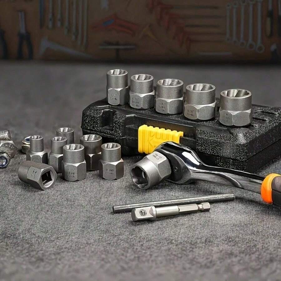 14 piezas Juego de extractores de tuercas de rosca inversa de alta calidad, grado industrial, llave de vaso de rosca inversa, herramientas quitatuercas dañadas antirrobo, múltiples métodos de enlace, especificaciones completas, fácil operación, resistente a la corrosión, material forjado duradero a alta temperatura - Juego de 14 piezas - View 1