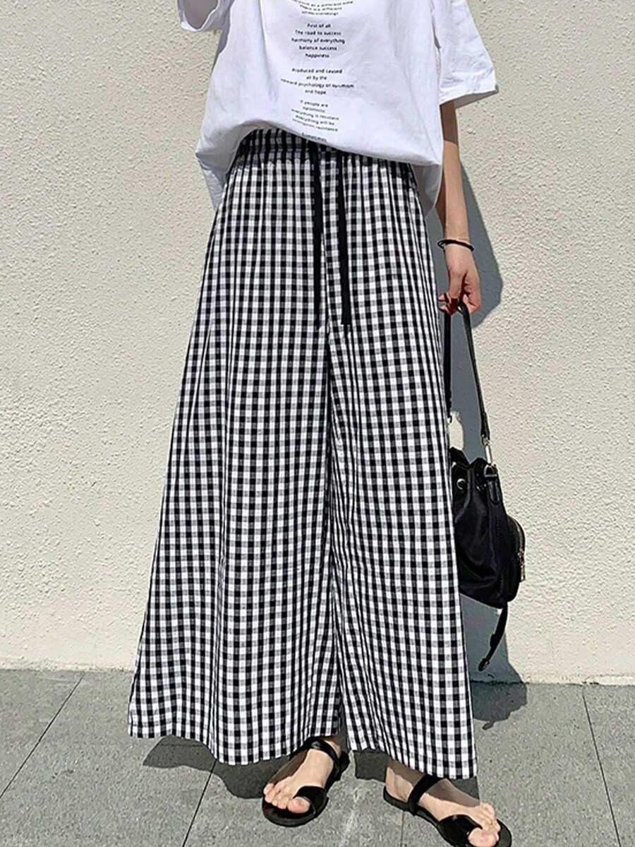New Black And White Plaid High Waist Loose Drawstring Casual Pants For Women Spring Summer - Black and White - View 1