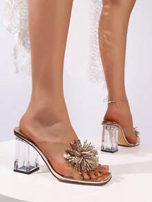 Nuovi sandali con tacco alto trasparenti e scintillanti come fuochi d'artificio, con tacco chunky in cristallo e punta quadrata, scarpe slip-on estive eleganti, con design in strass, adatti per appuntamenti e feste, di stile chic - Champagne - Visualizzare 4