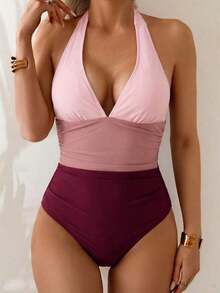 Traje de baño de una pieza con control de abdomen, estilo minimalista de unicolor, con escote halter y espalda descubierta, para vacaciones de verano en la playa - Multicolor 3 - Ver 4