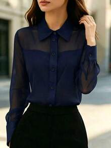 1 pieza Blusa elegante de mujer con parches de malla, adecuada para salidas diarias, ir al trabajo y atuendos de aeropuerto - Azul lavado oscuro - Ver 3