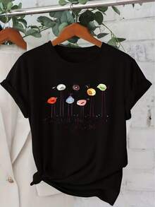 Camiseta de algodón de manga corta para mujer con la frase 'Todo estará bien', con estampado de pájaros, cuello redondo, casual y a la moda para el día a día, estilo retro para otoño e invierno, adecuada para mujeres, disponible en tallas S-XXL. - Negro - Ver 1