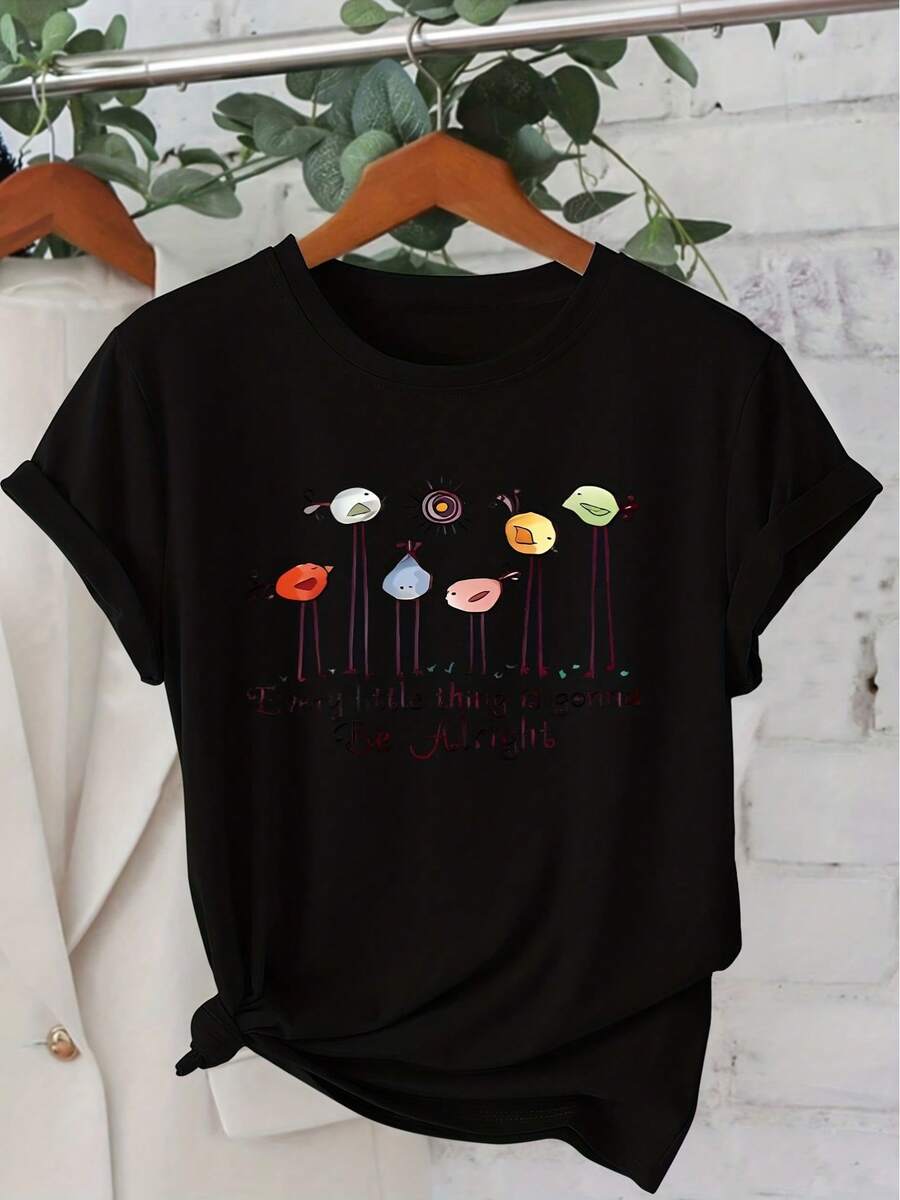 Camiseta de algodón de manga corta para mujer con la frase 'Todo estará bien', con estampado de pájaros, cuello redondo, casual y a la moda para el día a día, estilo retro para otoño e invierno, adecuada para mujeres, disponible en tallas S-XXL. - Negro - Ver 1