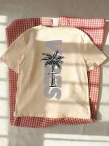Women's Short-Sleeved T-Shirt With A Round Neck, Featuring A Minimalist Coconut Tree Print And Slogan. Simple And Versatile, Suitable For Everyday Wear And Vacations. Graphic T-Shirt, Women's, White, Black, Pink, Summer - 杏 - 查看 8
