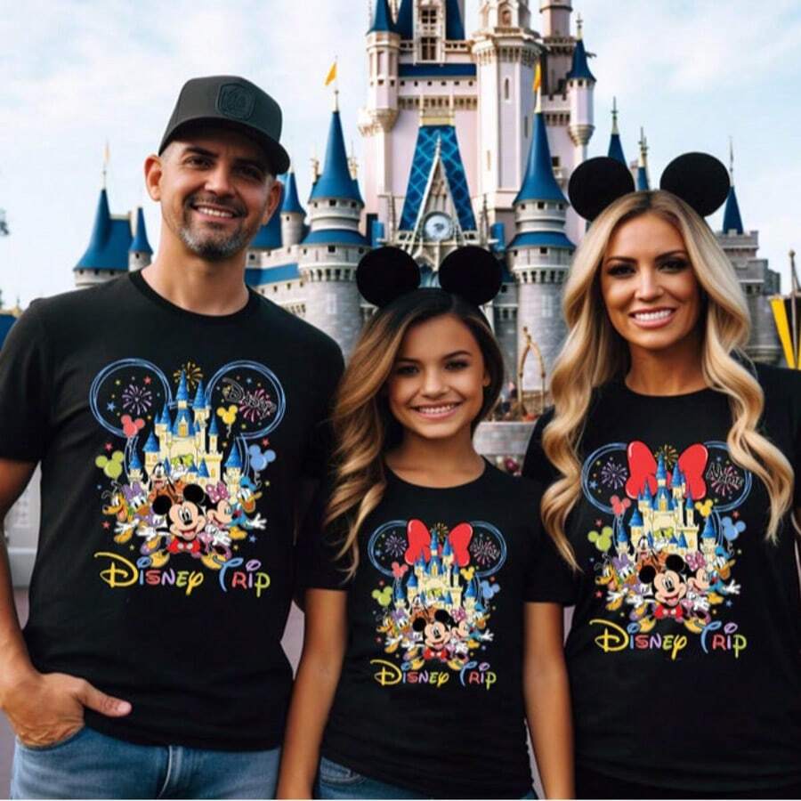 Disney "Disney Trip" Castle & Friends Family Coordinating T-Shirt, Perfect For Family Trips, Vacations & Theme Parks. Clean Design, Suitable For Disney Travel, Family Gatherings & Everyday Wear, For Adults & Kids. Made Of Breathable Cotton Fabric, Comfortable & Durable. Simple Yet Eye-Catching Castle & Mickey Friends Print, Best Gift For Disney Fans & Families. - Men's/Kids T-shirts - View 1