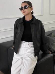 Chaqueta regular de mujer de PU gruesa, suelta y casual, nueva para otoño/invierno - Negro 4 - Ver 4