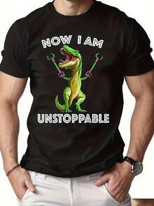 Men's Summer T-Shirt, Casual, Black, Short-Sleeved, With An Unstoppable Tyrannosaurus Rex Print, Ideal For Parties And Outdoor Sports - 黑色 - 查看 3