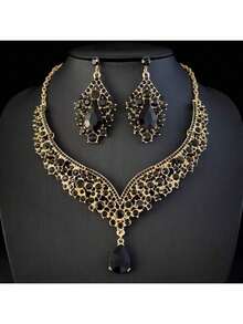 1 Set de Joyería para Mujer, Collar y Aretes Set de 3 Piezas, Diseño Elegante y Lujoso con Piedras Preciosas Artificiales, Adecuado para Novias, Bodas, Banquetes y Fiestas - conjunto de joyas - Ver 14