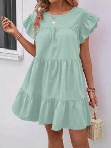JJfghh Women Summer Solid Color Round Neck Loose Babydoll Dress With Ruffle Trim Vacation Beach Outfit Women Dress Women's Summer Dresses Women's Summer Outfits Wommen Dress Women Casual Dresses Casual Dresses For Women Summer Spring Outfits For Women Dresses Puff Dress For Women Zanea Dress For Woman Resort Wear Women Vacation Dress - Amarillo - Ver 11