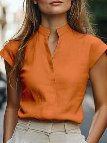 Camisa de mujer de verano casual de unicolor con cuello de muesca - Naranja - Ver 4