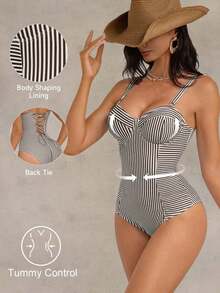 Traje de baño de una pieza con control de abdomen, con cordón, espalda descubierta, a rayas azul y blanco, con efecto push-up, para playa, resort y fiesta - Marrón Chocolate - Ver 9