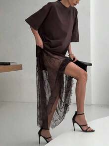Vestido casual de mujer con parches de encaje de manga corta (sin cinturón), vestido de punto de unicolor con parches de encaje para uso diario, oficina, citas, la longitud y el tamaño se pueden ajustar con un cinturón, el estilo casual es holgado, se sugiere pedir una talla menos.Elegante - Marrón - Ver 3