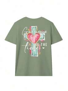 Lightweight Summer T-Shirt With Hand-Drawn Lettering And Cross Print, Christian Religious T-Shirt With The Phrase "God Is Always Good", Casual Short-Sleeve Crew Neck Faith Clothing, White - 橄欖綠 - 查看 3