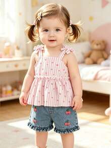 Baby Girls 6M-3T Outfit, Baby Cami Set, Striped 2-Piece, Denim Shorts Set, Casual Denim Co-Ord, Cherry Embroidered Outfit, Breathable Daily Photo - Pink - View 4