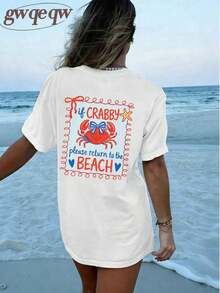 Camiseta con estampado de cangrejo de doble cara "If Crabby Please Return To The Beach", camisetas con estampado estético costero para mujer, conjuntos de verano para mujer, conjuntos de vacaciones para mujer, ropa casual de calle, estética retro de playa, tops de estilo playero, camisetas gráficas de gran tamaño - Camiseta unisex de algodón suelto de manga corta y cuello redondo estilo vintage. - Blanco - Ver 4