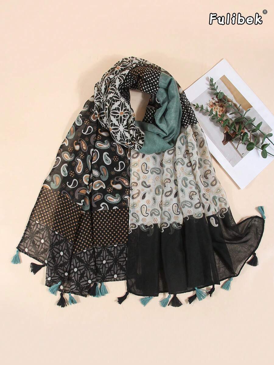 1pc All-Season New Women's Linen Tassel Print Scarf, Sun Protection Air Conditioning Shawl, Suitable For Beach Vacation And Daily Life, Add Highlights To Your Style - Multicolor - View 1