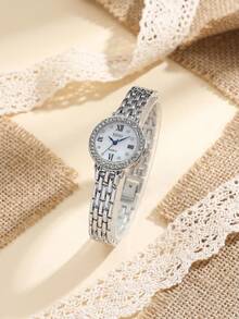 1pc Silver Diamond-Studded Watch, Roman Numeral Dial, Metal Band, Suitable For Daily And Party Wear - Silver - View 6
