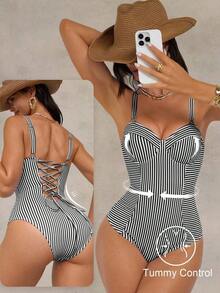 Traje de baño de una pieza con control de abdomen, con cordón, espalda descubierta, a rayas azul y blanco, con efecto push-up, para playa, resort y fiesta - Blanco y Negro 2 - Ver 3