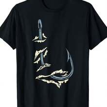 Camiseta de pesca resistente 100% algodón para hombre y mujer con estampado de anzuelo y pez - Ropa para exteriores, lavable a máquina, cuello redondo, ideal para pescadores, padres y madres - Perfecta para viajes de pesca y uso casual - Negro - Ver 1