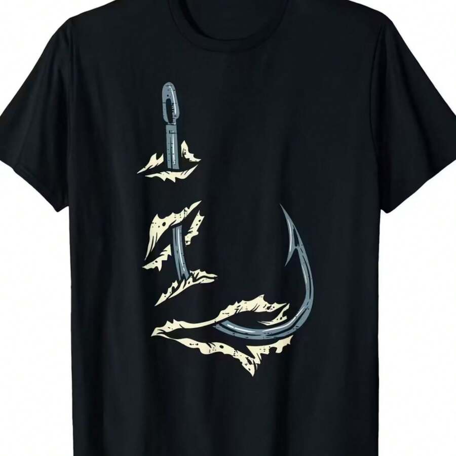 Camiseta de pesca resistente 100% algodón para hombre y mujer con estampado de anzuelo y pez - Ropa para exteriores, lavable a máquina, cuello redondo, ideal para pescadores, padres y madres - Perfecta para viajes de pesca y uso casual - Negro - Ver 1