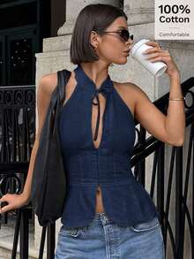 Top tipo halter ajustada con cuello de corbata y diseño calado para mujer, blusa sin mangas con abertura frontal - Azul - Ver 1