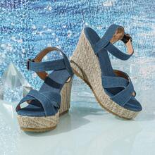 Plus Size Women's Denim Wedge Sandals, European And American Style Thick Sole Casual Sandals For Spring And Summer - Blue - View 7
