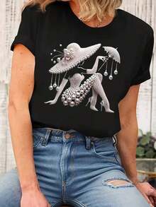 Women's Casual Short-Sleeved T-Shirt With Vintage Print, Made Of Soft Pure Cotton Fabric, Ideal For Everyday Outfits. - 黑色 - 查看 2
